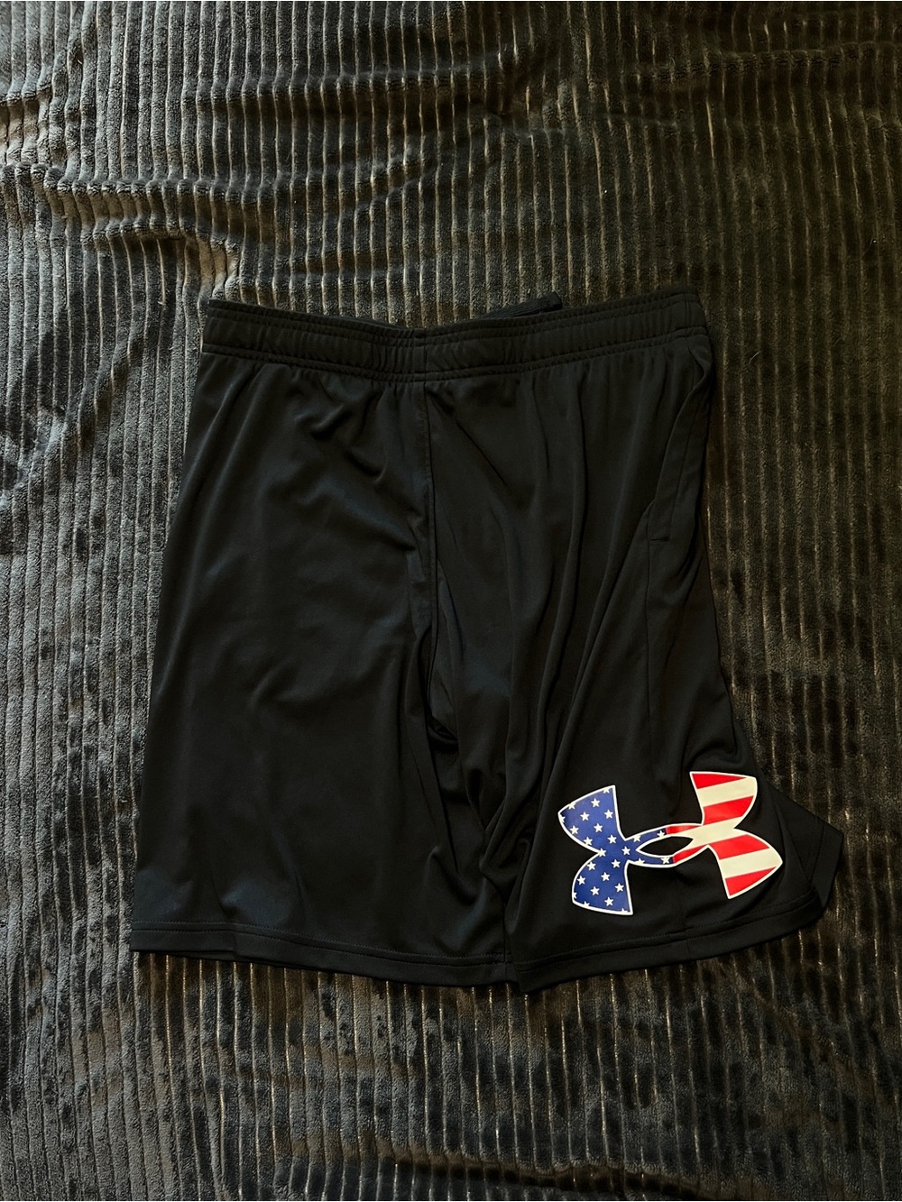 Under Armour Black Athletic Shorts with American Flag Logo YXL
